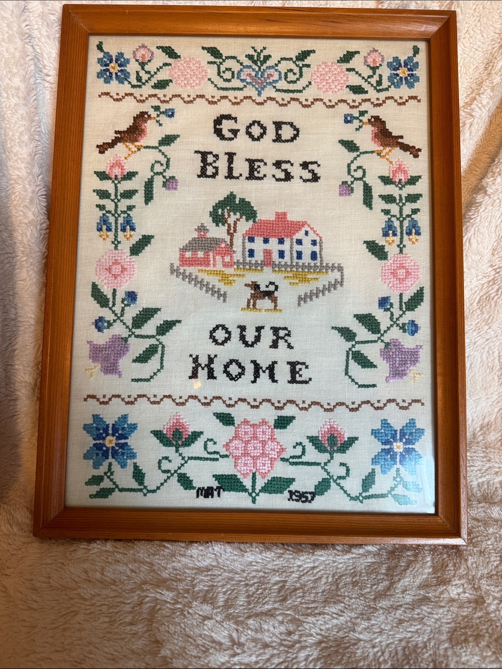 Vintage Pink, Blue & Green Cross Stitch "God Bless Our Home"